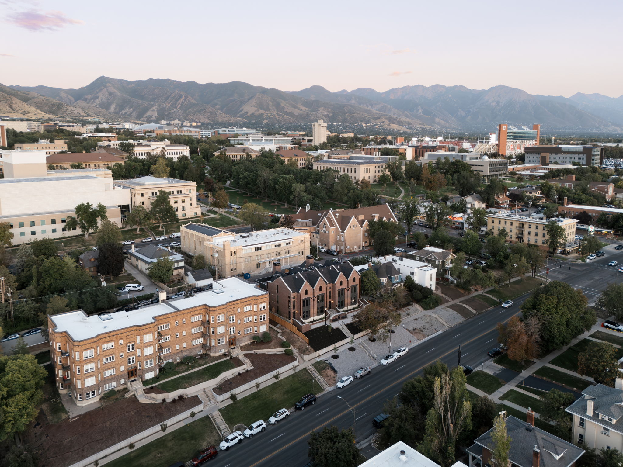 Aerial view of the surrounding Salt Lake City neighborhood and nearby campus